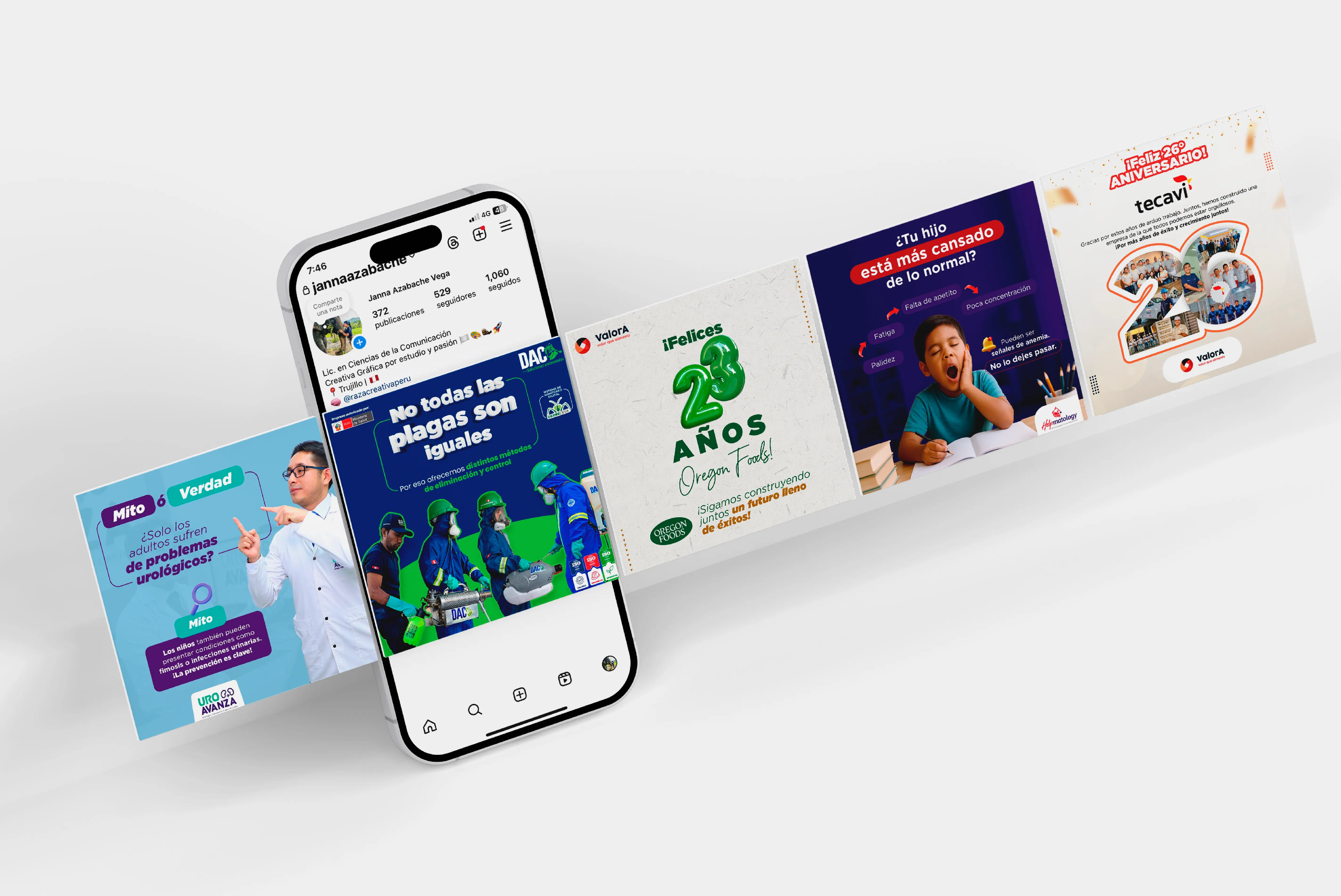 Maqueta de smartphone mostrando un perfil de Instagram y una fila de publicaciones diseñadas para diversas marcas.