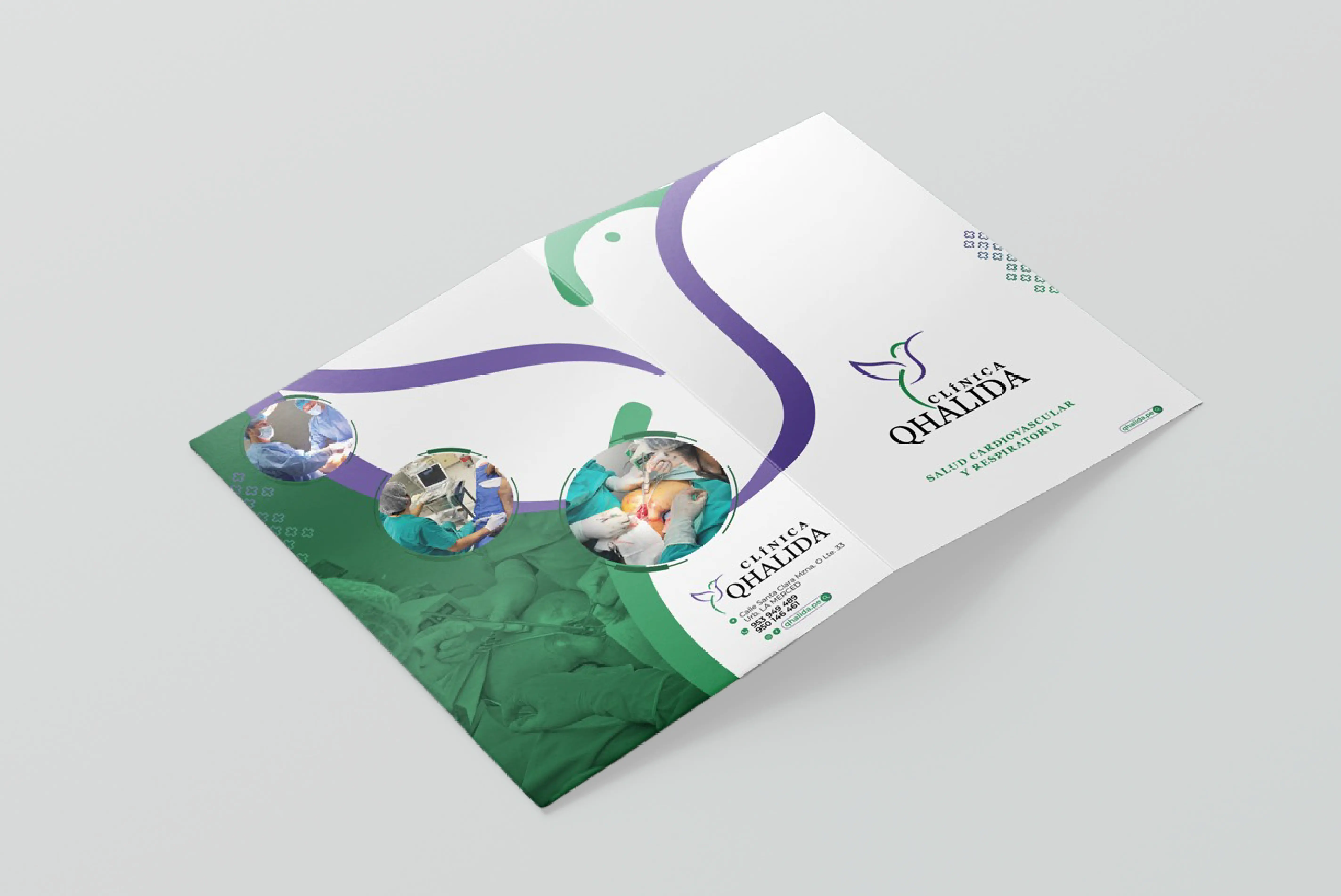 Maqueta de folder abierto con diseño de ambas caras y con un troquel estándar y simulación de plastificado mate.